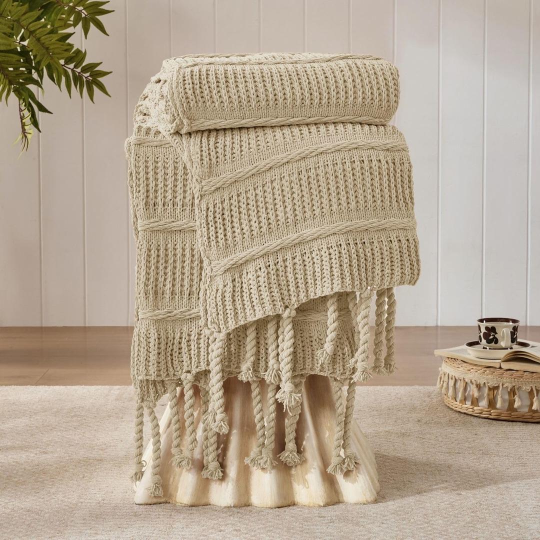 Boho Knitted Chenille Blanket with Tassels - Lightweight & Soft All-Season Throw - 3D Classic Pattern for Living Room Bedroom Couch, Sandy Beige, Throw 50"x60"