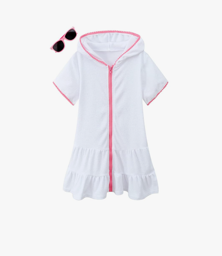 LUCKYGAL Girls Swim Cover Up Kids Swimsuit Coverup Terry Zip-Up Beach Bathing Suit Wraps with Sunglasses, 8