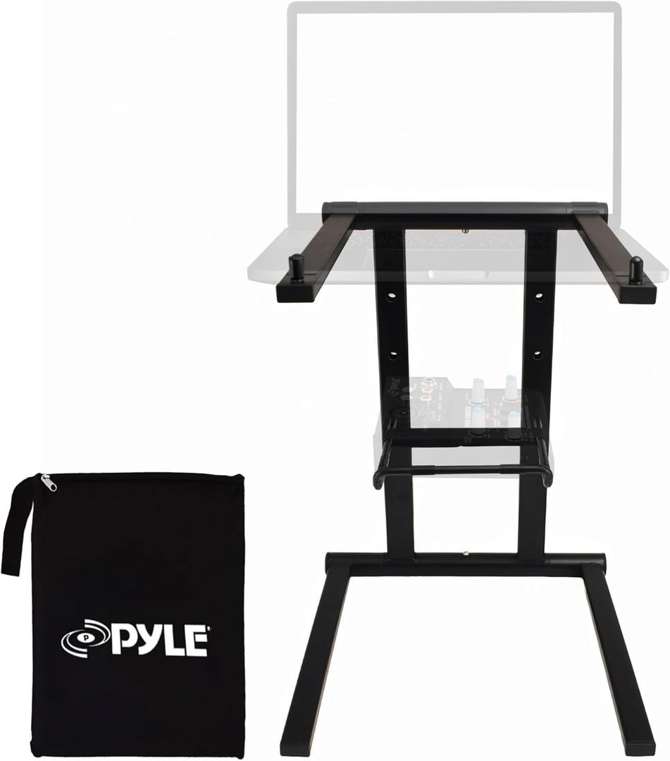 Pyle Portable Folding Laptop Stand - Foldable Laptop Stand with Adjustable Height, Secondary Accessory Tray for iPad, Tablet, DJ Mixer, Workstation, Gaming, Home Use and Carrying Bag Included