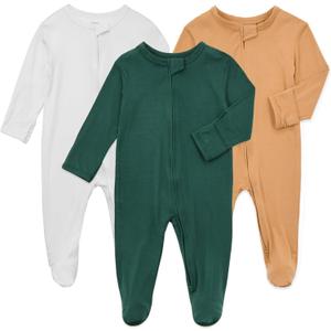 Aablexema Baby Pajamas Bamboo Rayon Zipper, 3pcs Unisex Infant Outfit with Mitten One Piece Footie Sleepwear (6-12 Months, White & Khaki Yellow & Green)