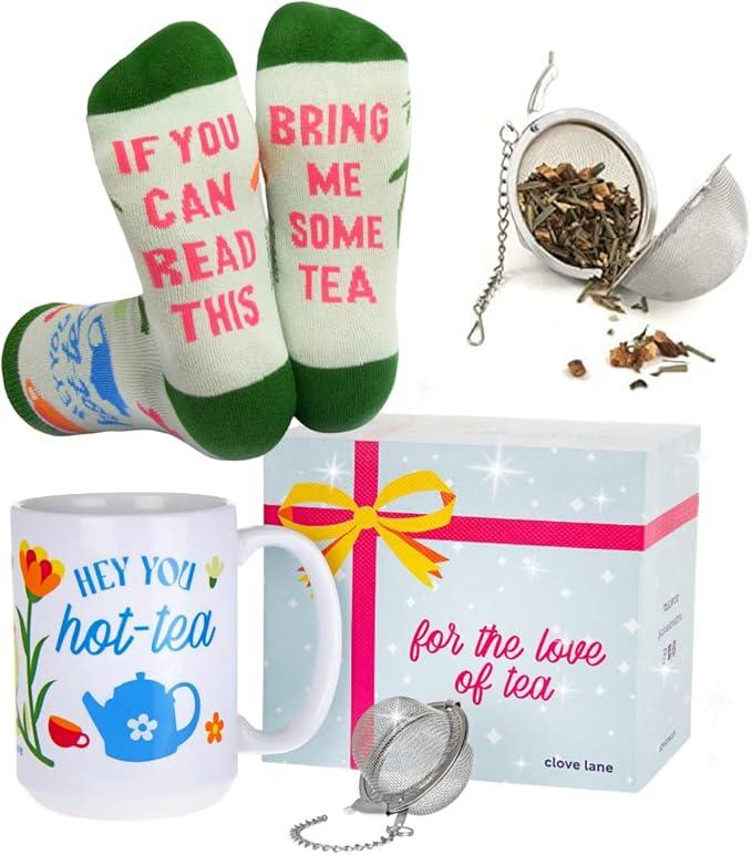 Women Gifts Set - Tea Gifts - Tea Gift Set - Includes: Tea Infuser, Novelty Socks for Women, Tea Cup for Loose Tea, Tea Gift Box - Christmas Gifts for Women - Crazy Socks for Women