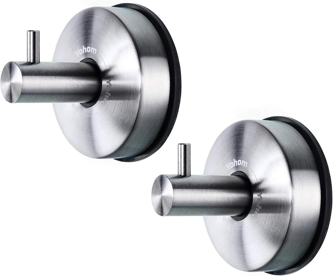 YOHOM Stainless Steel Vacuum Suction Cup Bathroom Shower Holders - Removable Towel Rack, Bathrobe and Loofah Hooks with Brushed Finish (Silver)