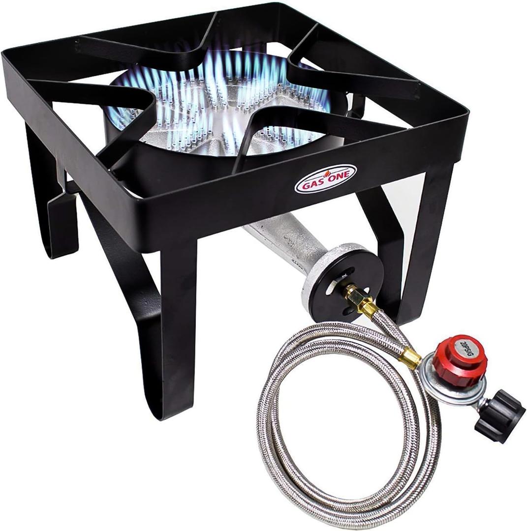 GasOne 200K BTU Propane Burner  Heavy-Duty Propane Stove  Outdoor Burner with Adjustable 0-20Psi Regulator and Steel Braided Hose  Ideal for Home Brewing, Turkey Fry