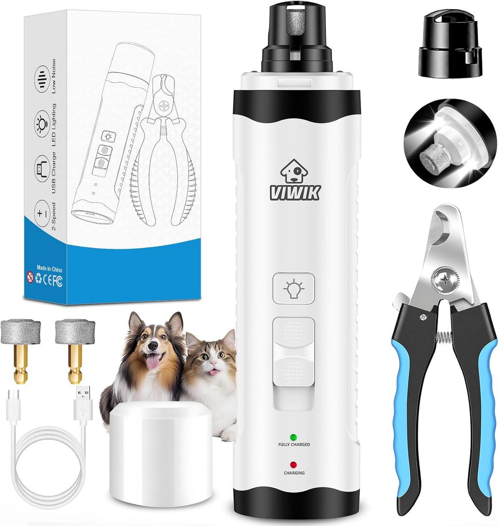 VIWIK Dog Nail Trimmers with Light, Cat Dog Nail Clippers, Dog Nail Grinder Quiet for Large Medium, and Small Dogs Paw & Cats Claw, Electric 2-Speed Pet Toenail Grooming Supplies, Gifts for Dog Lovers (White+Blue)