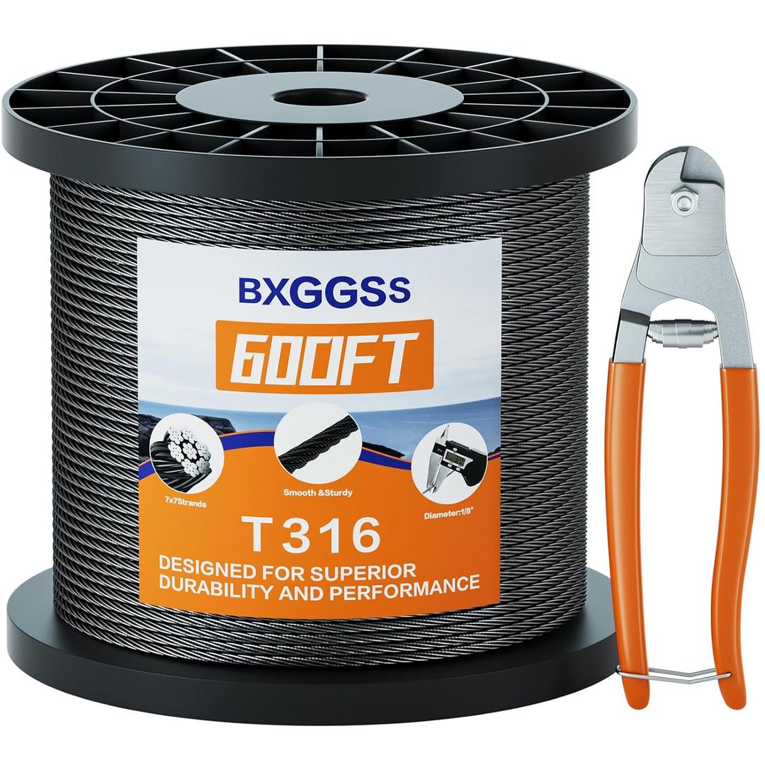 1/8 T316 Black Stainless Steel Cable 600FT Corrosion-Resistant Wire Rope for Cable Railing Kit and Hardware High Strength, Durable for Marine, DIY, and Outdoor Projects