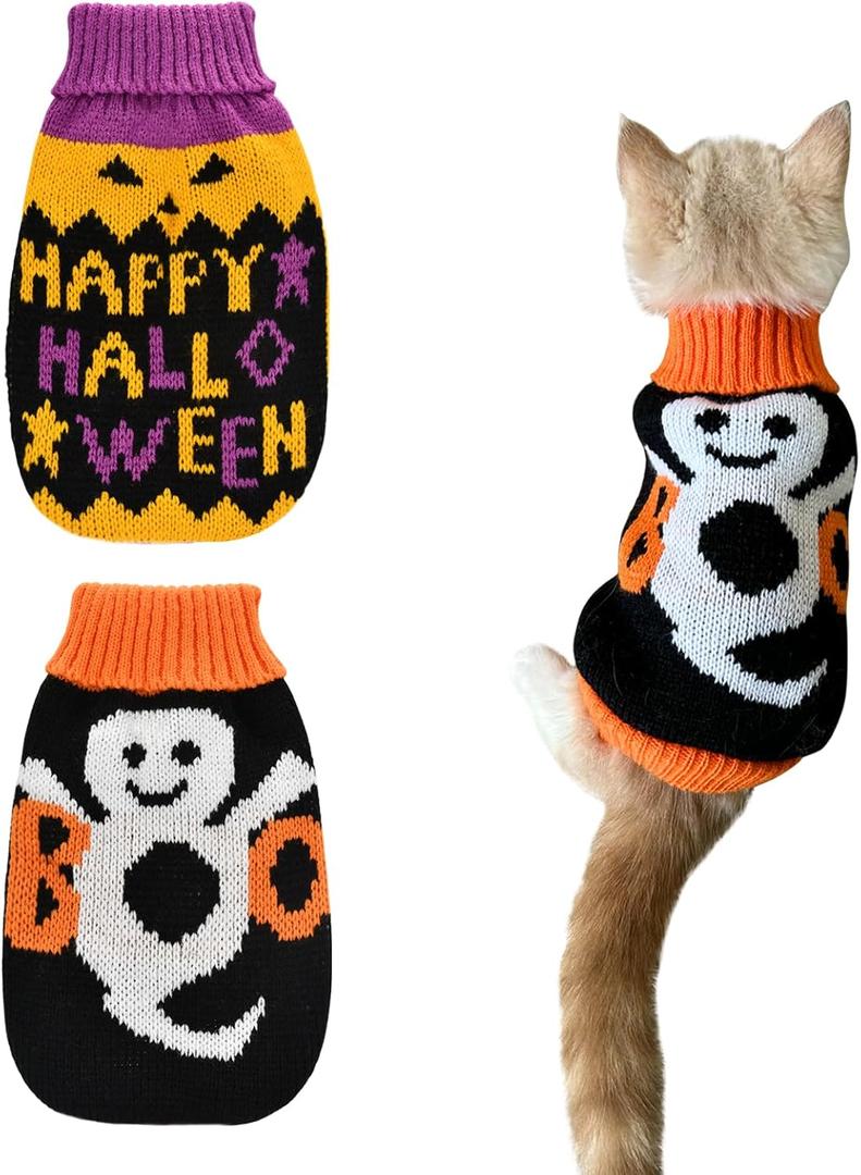 2Pcs Halloween Dog Sweaters Kitten Cat Knitwear Puppy Cat Halloween Pumpkin Ghost Sweater Pet Halloween Sweater Clothes Outfit Costume for Kittens Cats Puppies Small Medium Dogs XS