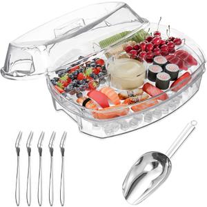 Appetizer Serving Tray on Ice with 1 Stainless Steel Ice Scoop and 5 Forks Chilled Platter with Lid, 4 Compartments for Shrimp Cocktail Fruits Veggies Seafood Dips, Cold Dish for Party