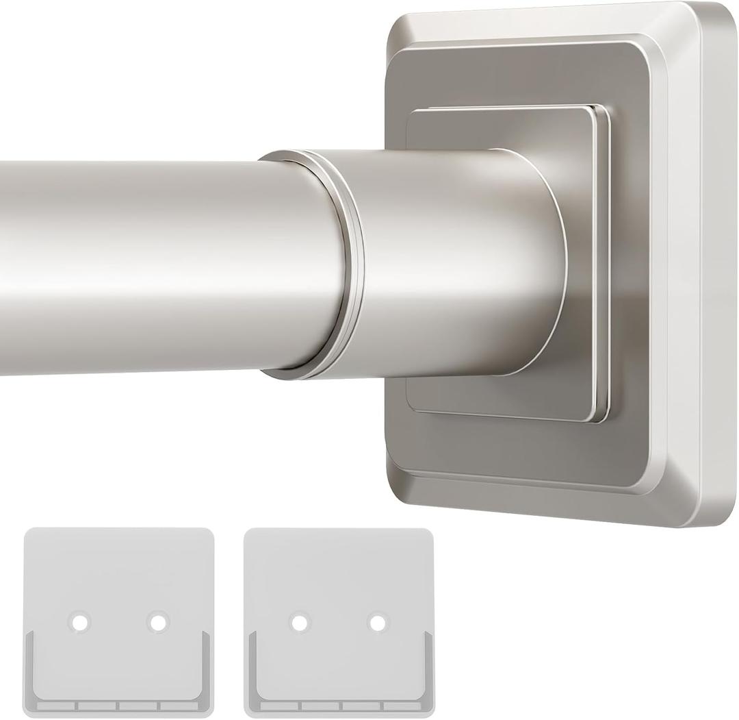 Brushed Nickel Tension Curtain Rod Shower Curtain Rods 30-76In Spring No Drilling or Screw Installation Adjustable Shower Rod for Bathroom Shower Bar for Closet Kitchen with Brackets