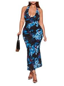 Floerns Women's Plus Size Floral Halter Dress Sleeveless Fishtail Elegant Maxi Dresses Blue Multi X-Large Plus