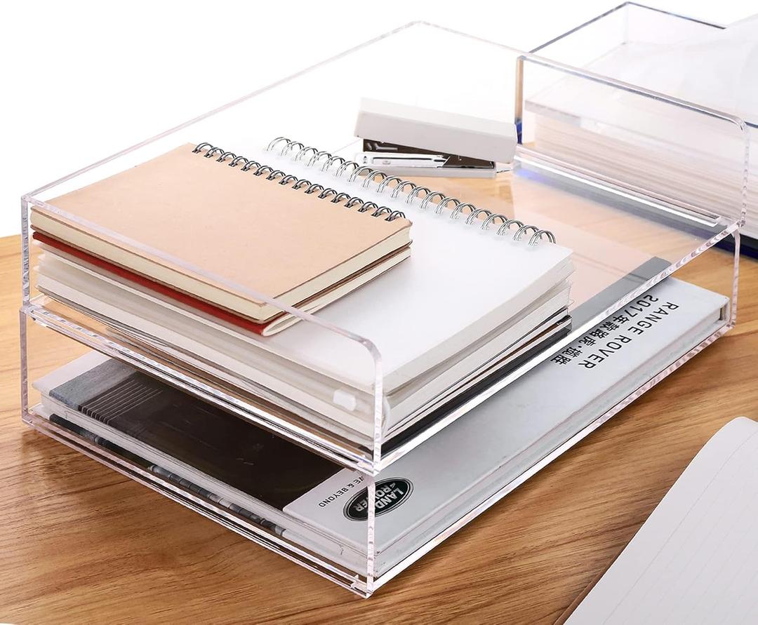 Paper Tray Organizer Clear Acrylic Desk Organizers and AccessoriesOffice Supplies Organization Stackable File Holder-Art Storage for School Classroom Workspace Letter Tray-2 Pack/2 Tier