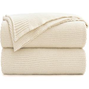 Longhui bedding Cream Cotton Cable Knit Throw Blanket for Couch Sofa Bed, Home Decorative Throw Blanket for Couch, Lightweight Woven Throw Blankets with Bonus Laundering Bag, 3.4 Pounds 60 x 80 Beige