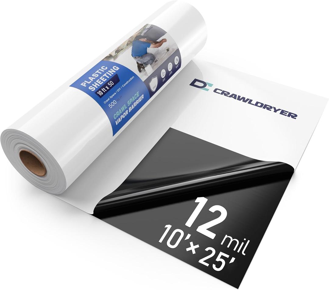 Crawl Space Vapor Barrier - 12 mil (10' x 25'), Heavy Duty Plastic sheeting, Concrete Vapor Barrier Covering for Crawlspace Encapsulation kit, Thick Polyethylene Film, Black and White Panda Film