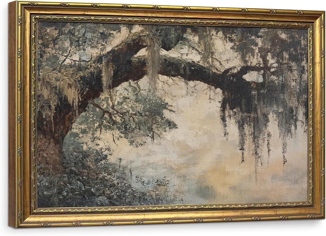 Vintage Gold Framed Landscape Wall Art, Large Live Oak Tree Moss Canvas Prints, Southern Cottagecore Picture Wall Decor for Living Room Above Bed, Aesthetic Nature Artwork, 16x24 Inch