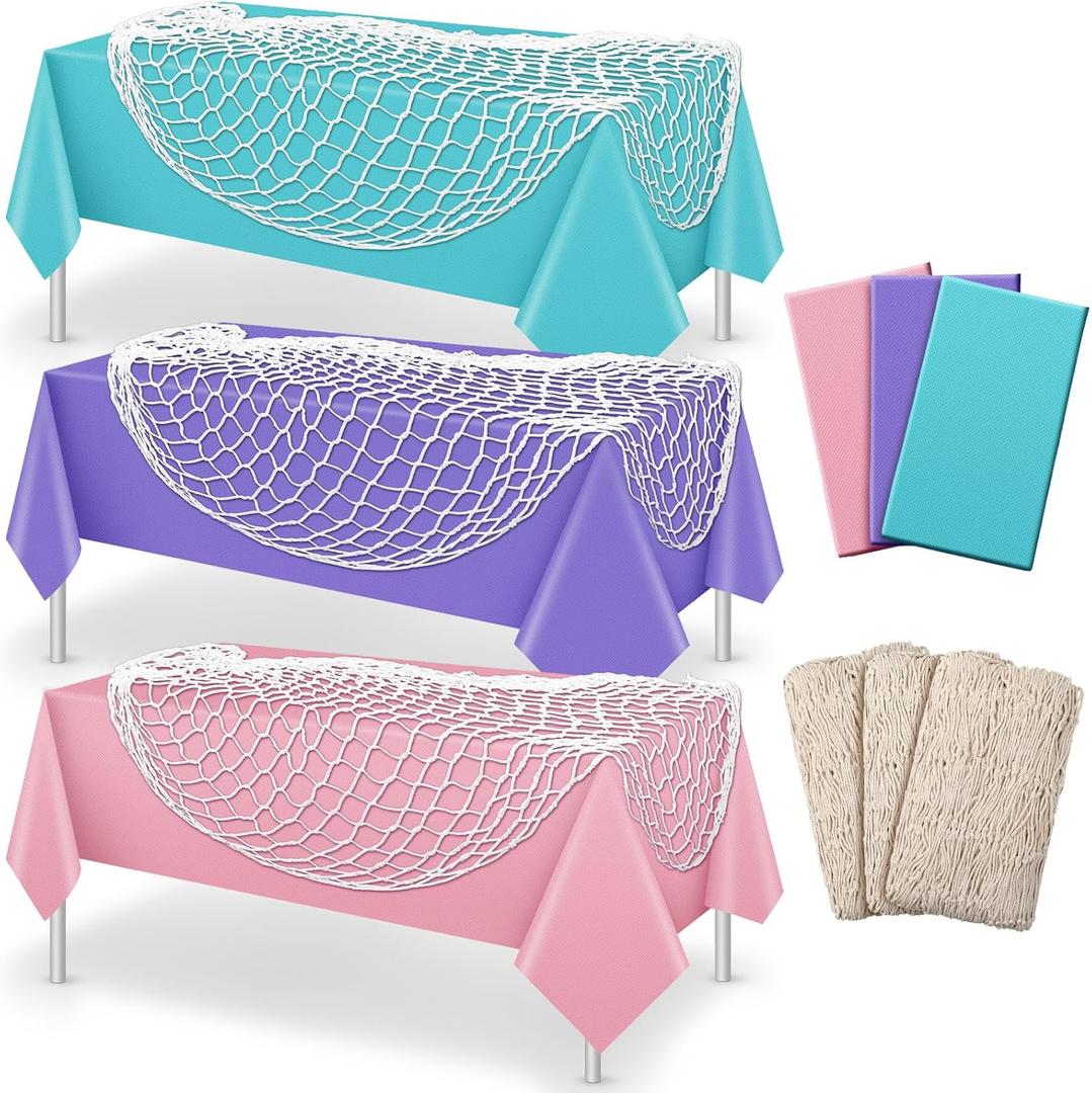 Unittype 6 Pcs Fish Net Decorative and Tablecloth Set, Cotton Fishnet and Plastic Table Cover Decorations Set for Nautical Themed Party Baby Shower Pirate Decorations Mermaid Party (Fresh Color)
