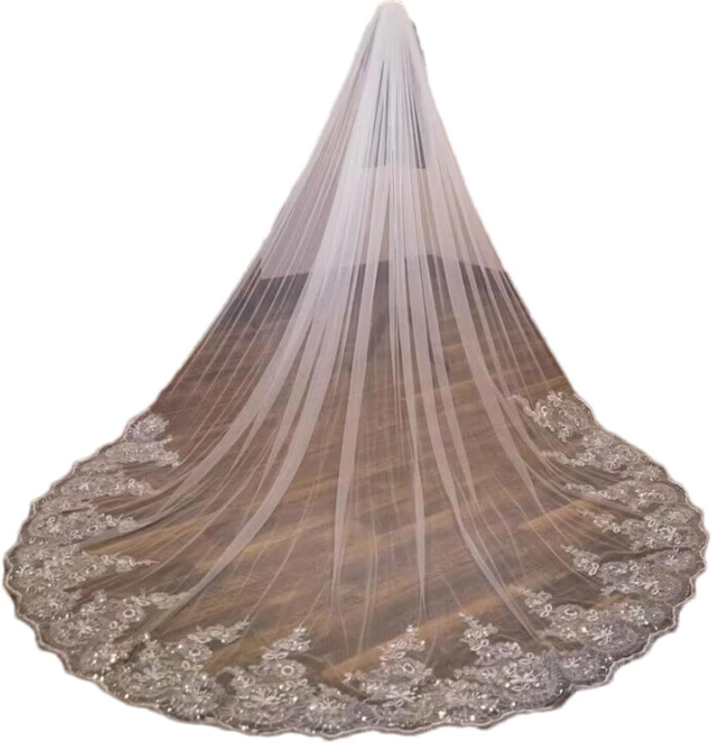 Womens 1 Tier Long Cathedral Lace Applique Wedding Bridal Veil With Metal Comb (13.8"D x 70.9"W x 26.8"H)