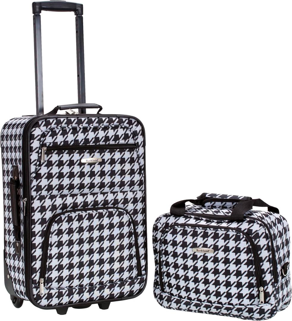 Rockland Fashion Softside 2 Piece Luggage Set, Expandable, (14" Tote/19" Upright), Kensington (Black/White)