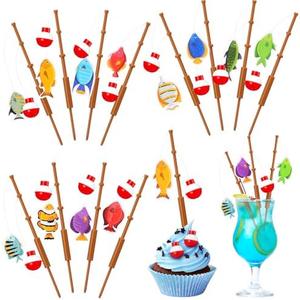 Juinte 48 Pcs Fishing Birthday Party Decorations Included 24 Fish Cupcake Pole Picks and 24 Bobbers Little Fisherman Fishing Themed Party Supplies for Cake Topper Birthday Cocktail Decoration