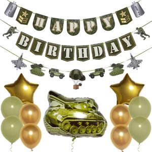 Pirese Army Happy Birthday Banner  Soldier Birthday Decorations for Boys, Camo Party Supplies with Tank Balloon, Star Balloons & Latex Balloons, Military Themed Party Decor