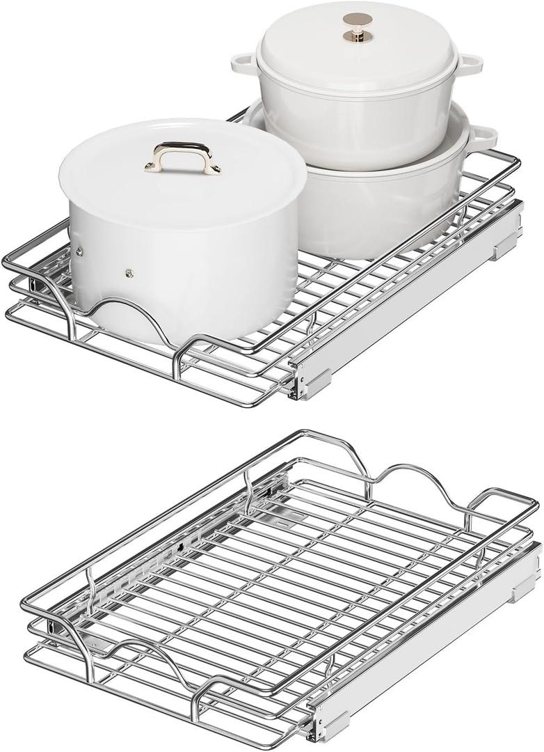 StorageWorks Pull Out Cabinet Organizer, Slide Drawers for Kitchen Cabinets, Bathroom Pantry, Bottom Mount, Chrome-Plated, 14" Lx 21" W x 3.7" H, Silver, 2 Pack