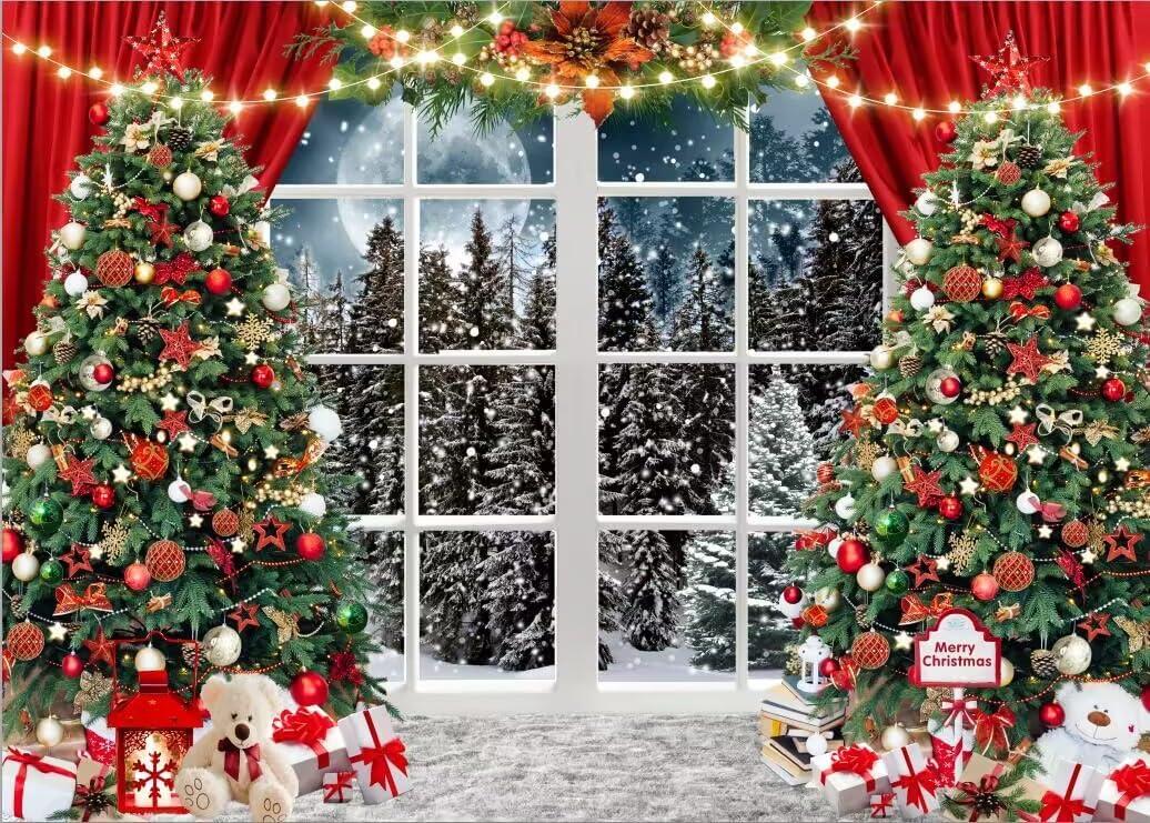 Dudaacvt 10x8ft Christmas Window Photography Backdrop Winter Merry Xmas Tree Background Night Snow Party Decoration Holiday Photo Banner Props