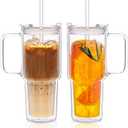 KEMORELA 2 Pack 28oz Double Wall Glass Tumblers with Handle, Lids & Straws  Large Insulated Clear Borosilicate Glass Cups for Iced Coffee, Smoothies, Bubble Tea & Cold Beverages