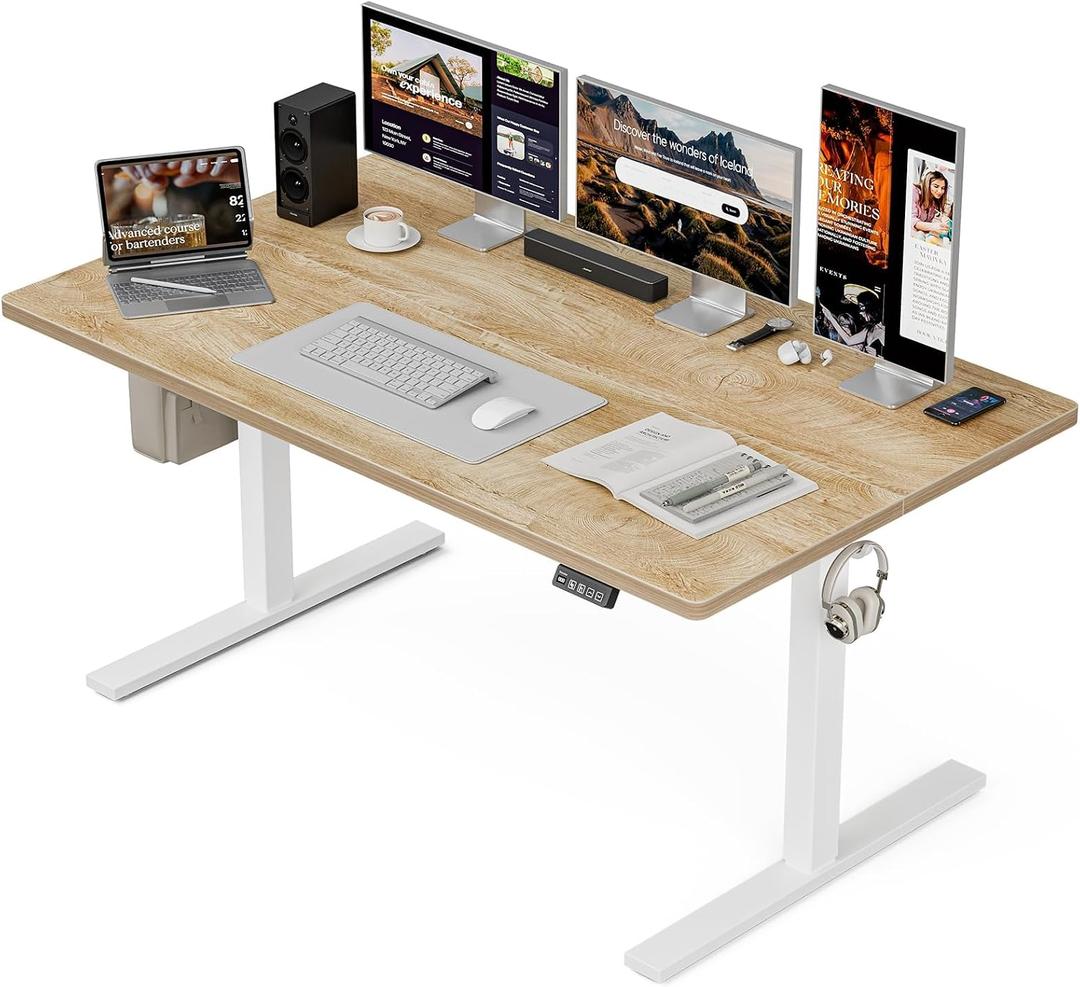 Grandder 55x32 Large Electric Standing Desk, Height Adjustable Computer Desk with 2 Memory Presets, 31.5" Deep Desktop Sit Stand Desk Home Office Desk Workstation Table with Hooks, Oak, Size: 55*31.5 Inch