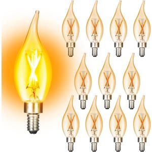 E12 Amber Candelabra Light Bulbs Dimmable 40 Watts Equivalent, Flame Tip Chandelier Light Bulbs CA11, Vintage Candle LED Bulb, Warm White 2200K, CRI 90+, 12 Pack