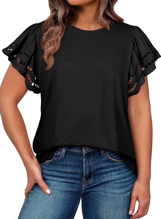 Womens Plus Size Tops Short Sleeve Round Neck Hollow Out Casual Loose Tunic Tees Shirts M 