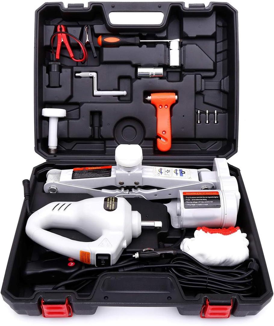 Trihelper Electric Car Jack Kit 12V Trailer Floor Jack Stands Set 3 Ton Vehicle Scissor Car Lift for Tire Change and Road Emergency with Impact Wrench
