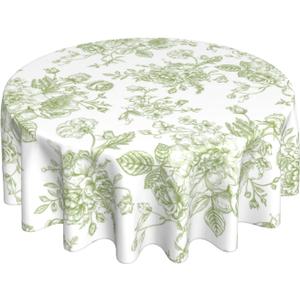 Sage Green Floral Tablecloth 70 Inch Round Vintage Chinoiserie Flower Green Table Cloth Spring Decorative Polyester Stain Resistance Round Table Cover for Party Picnic Kitchen Decor Outdoor