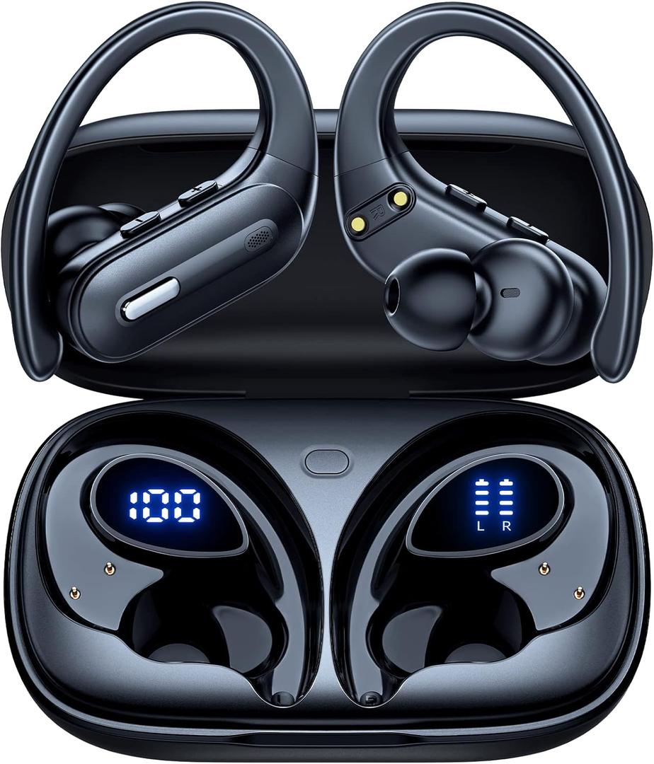 Active Noise Cancelling Wireless Earbuds Bluetooth Headphones 90 Hrs Playtime Ear Buds with Hi-Res Stereo Deep Bass Power Display Earphones with Earhooks Waterproof Transparency Headset Sports/Running (Black)