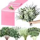 Zeyune 12 Pcs Pink Satin Table Runners With120 Pcs Artificial Eucalyptus Leaves Stems for DIY Wedding Baby Shower Table Decor 12'' x 108'' Tables Runners for Boho Party Home Engagement Party Decor