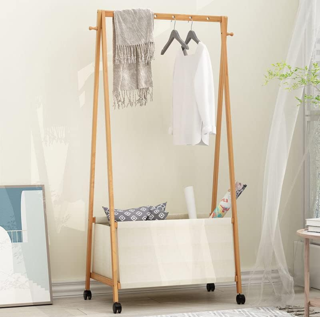 Bamboo Garment Rack, 2-Tier,100% Bamboo Garment Rack with Top Hanging Rod and Bottom Storage Shelves, Indoor Plant Stand, Freestanding Clothes Hanging Rack, (Natural) (布套)