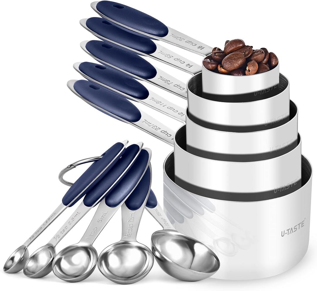 U-Taste Measuring Cups and Spoons: Food Grade 18/ 8 Stainless Steel Metal Measure Cups and Spoons Set of 10, Upgraded Thickness Handle (Midnight Blue)