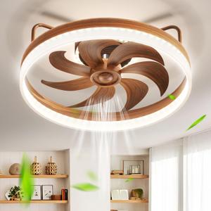 KDZ Low Profile Ceiling Fans with Lights and Remote, 20'' Fandelier Ceiling Fans with Remote App, Flush Mount Wooden Ceiling Light with 6 Speeds for Bedroom Living Room