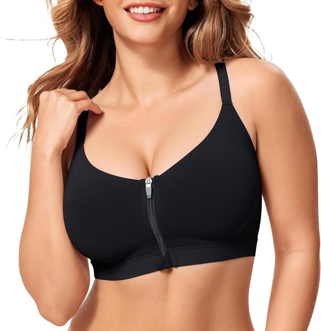 CYDREAM Womens Zip Front Closure Bra Wireless Support Comfort Full Coverage Back Smoothing No Underwire Bralettes (Large, Black)
