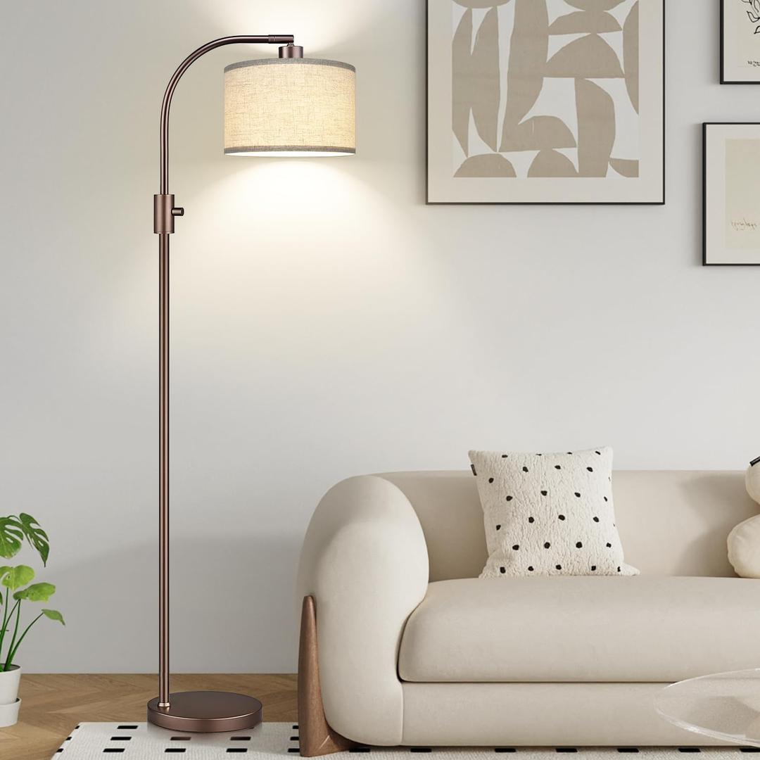 Upgraded Dimmable Floor Lamp, 1200 Lumens LED Bulb Included, Bronw Arc Floor Lamp with Linen Shade for Living Room, Bedroom, Reading Room, Nursery
