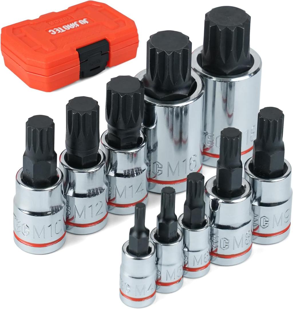 XZN Triple Square Spline Bit Socket Set, 10 Piece, Metric sized, M4 - M18 Set, Premium chrome vanadium Alloy Steel, with Molded Case