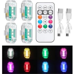 4Pcs Led Anti Collision Strobe Lights, 8 Colors High Brightness Emergency Warning Lights with Remote Control Rechargeable Waterproof Wireless Led Kit for Car Motorcycle Bicycle Drone Vehicle