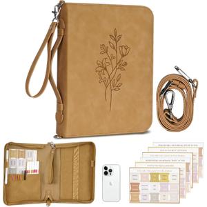 Bible Case, Bible Cover Case for Women with Detachable Shoulder Strap & Wristlet Strap, Christian Gifts for Woman, PU Leather Debossed Floral Bible Cover, Church Bag with Bible Study Supplies, Brown
