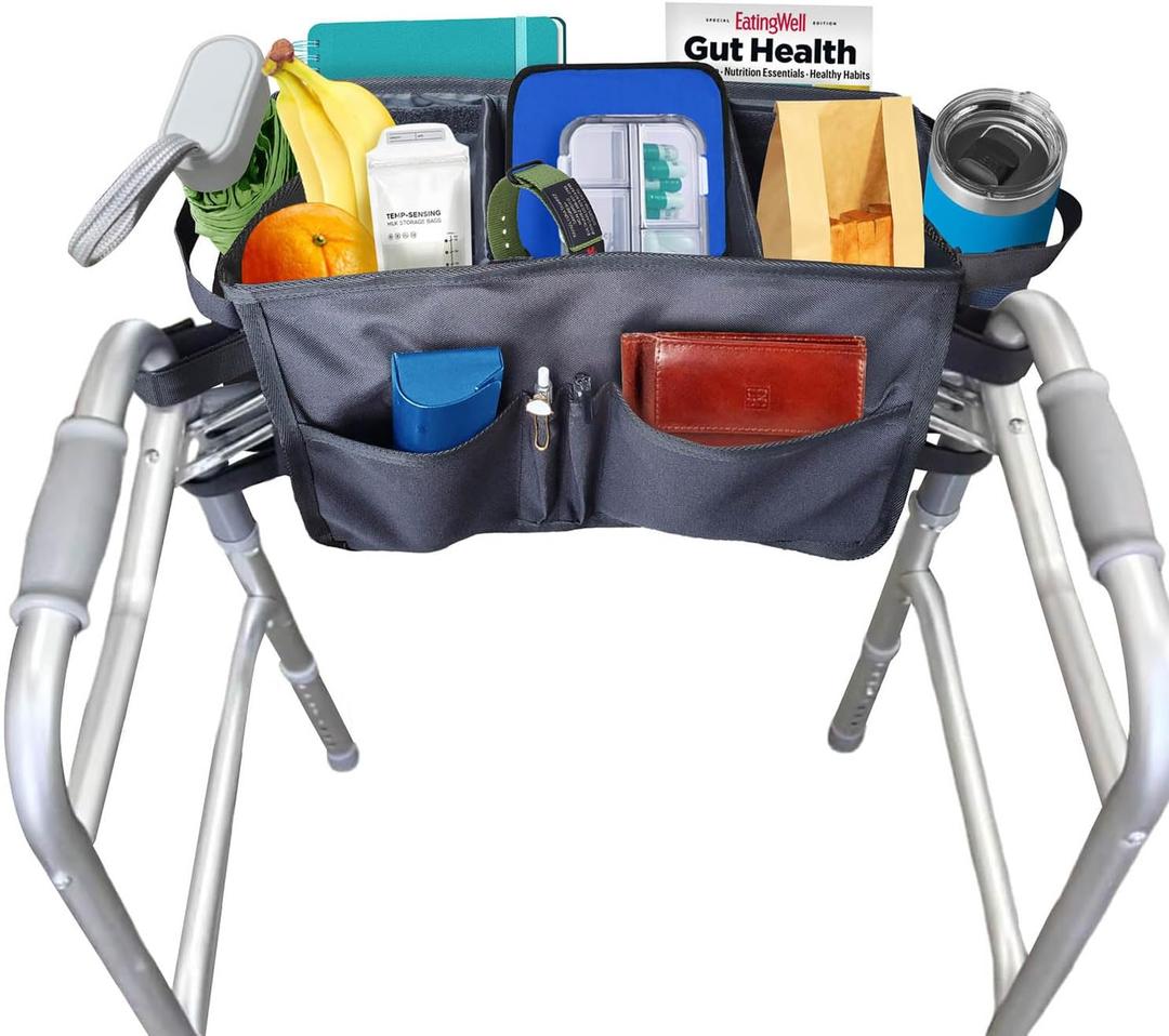 Aliseniors Upgraded Walker Basket Walker Accessories for Folding Walker with Water Cup Holder - Multi Pockets Basket for Walker for Seniors - Big Capacity & Never Tipping Over Walker Bag