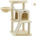 Feandrea Cat Tree, Small Cat Tower with Widened Perch for Large Cats Indoor, Kittens, 37.8-Inch Multi-Level Cat Condo, Scratching Posts and Ramp, 2-Door Cat Cave, Cat Basket, Beige UPCT51M