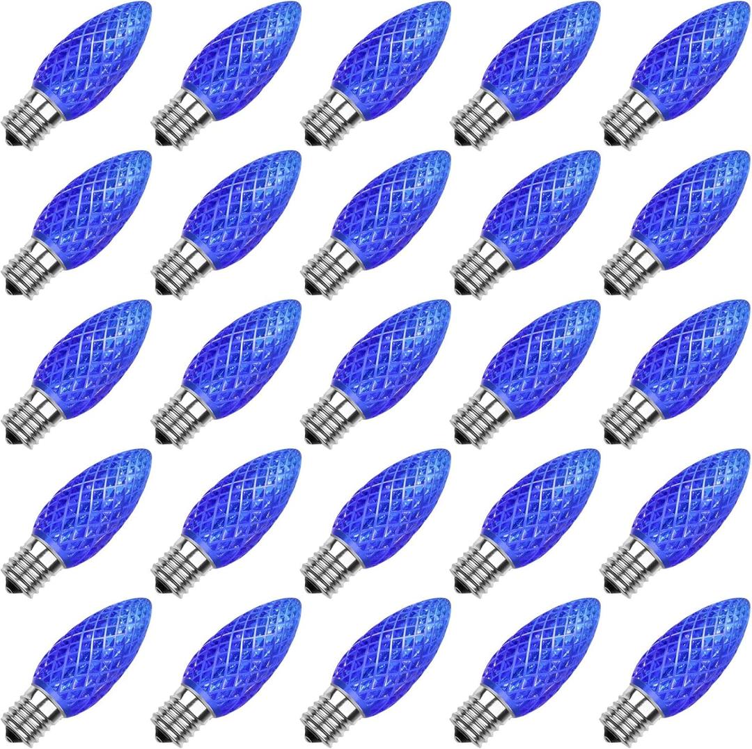 Meconard C9 Led Replacement Christmas Light Bulbs, C9 Shatterproof Led Bulbs for Christmas Indoor Outdoor String Lights, E17 Intermediate Base, Commercial Grade Holiday Bulbs, Blue, 25Pack