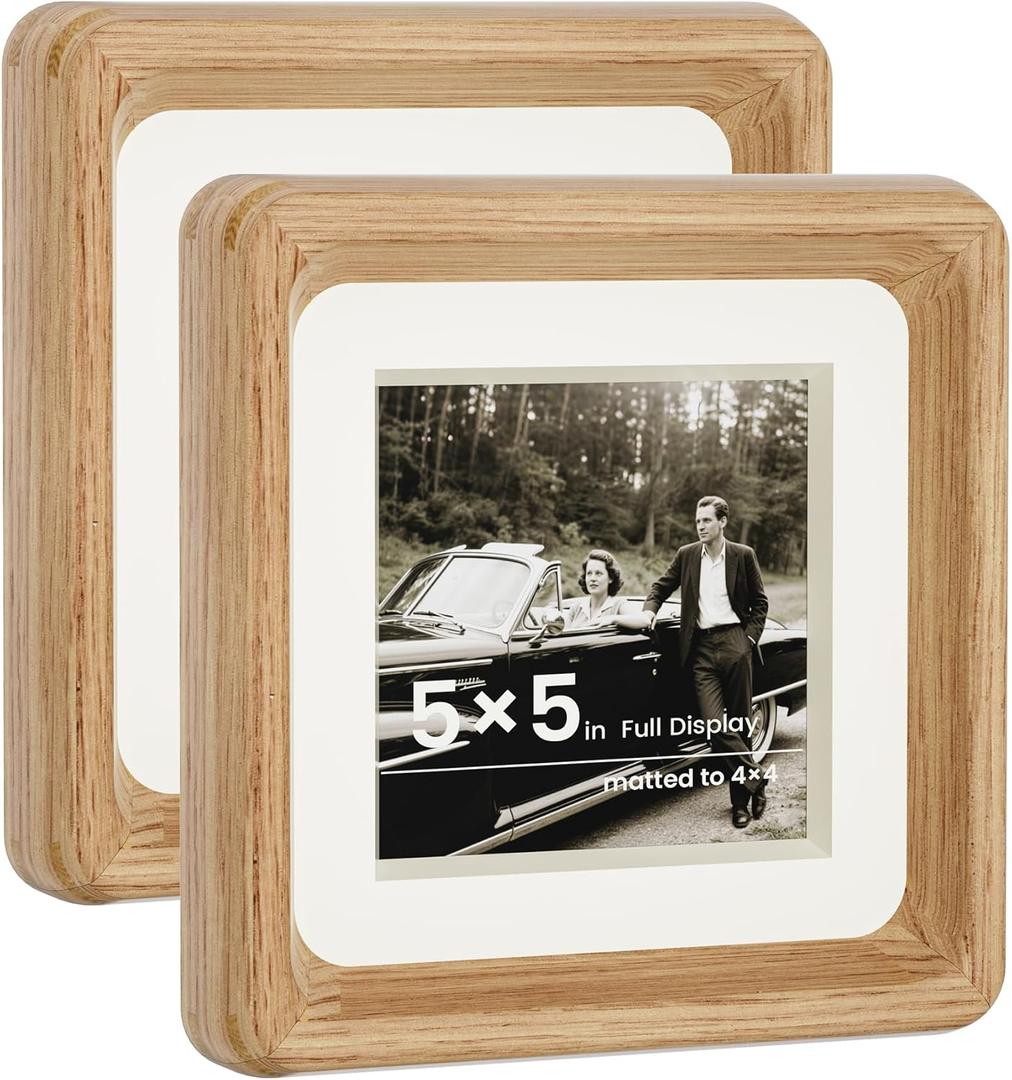 HELPLEX 5x5 Picture Frame Set of 2 - Solid Oak Wood, Adjustable Mat for 4x4 & 5x5 Photos, Shatter-Resistant Glass - Wall & Tabletop Family Gallery, Modern Minimalist Home Decor