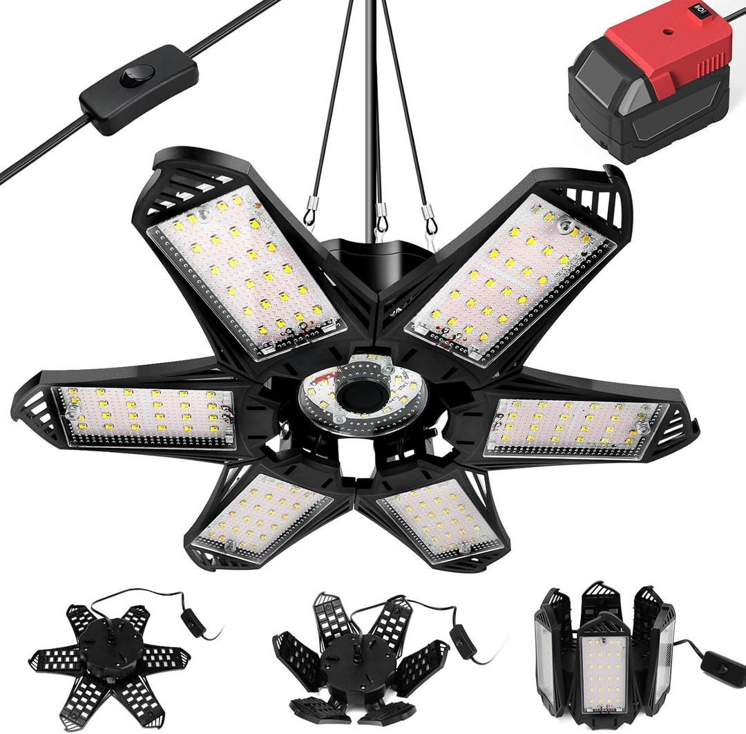 LIVOWALNY LED Work Light Compatible with Milwaukee 18V Battery, 68W 6800LM LED Garage Flood Lights with 6+1 Deformable Panels, Battery Powered Pendant Ceiling Light for Shed Workshop Garage Home
