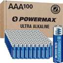 Powermax 100-Count Triple AAA Batteries, Ultra Long Lasting Alkaline Battery for Home and Office, 10-Year Shelf Life, Reclosable Packaging