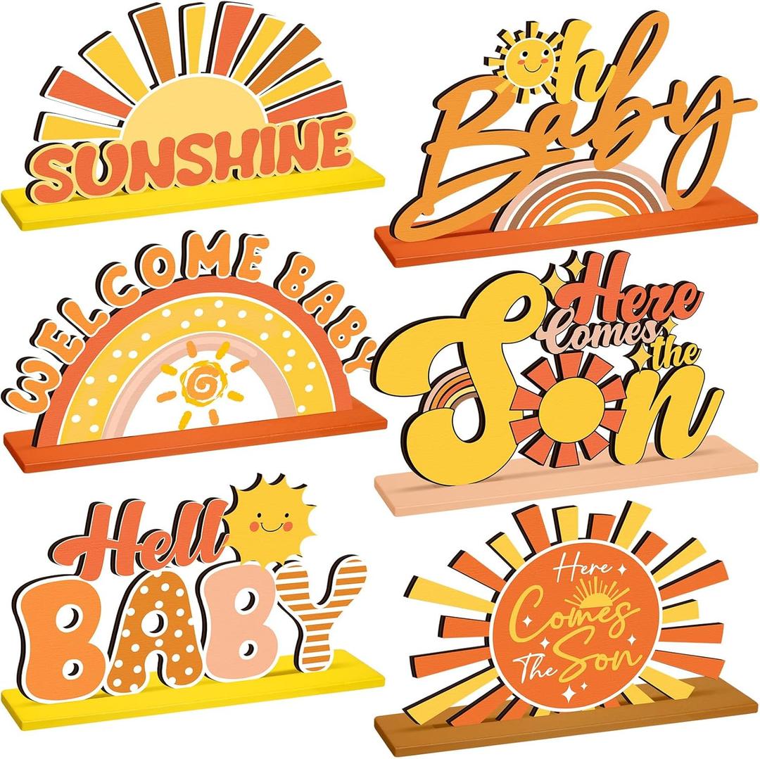 Threehoney 6 Pcs Here Comes the Son Baby Shower Decorations Retro Boho Party Centerpiece for Table Toppers Wooden Sunshine Baby Shower Decorations for Home Office Tier Tray Party Supplies(Orange)
