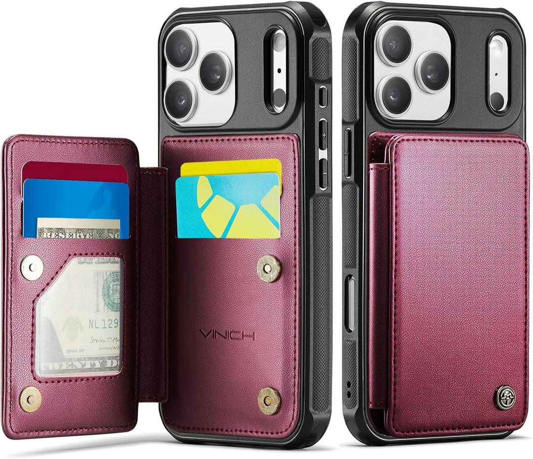 Vinich for iPhone 17 Pro Wallet Case with Card Holder, RFID Blocking Credit Slots Kickstand Shockproof Phone Cover Fit for iPhone 17 Pro 6.3" WineRed