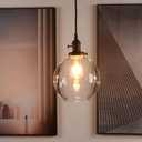Pathson Black Pendant Light with Globe Round Glass Shade, Metal Base Cap and Adjustable Textile Cord, Industrial Style Retro Hanging Lamps for Dining Room Kitchen Island