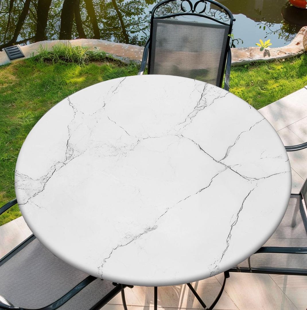 Round Tablecloth with Elastic Edge, 36-60Inch Waterproof Table Cloth for Dinner, Outdoor, Picnic, 44inch, White Marble